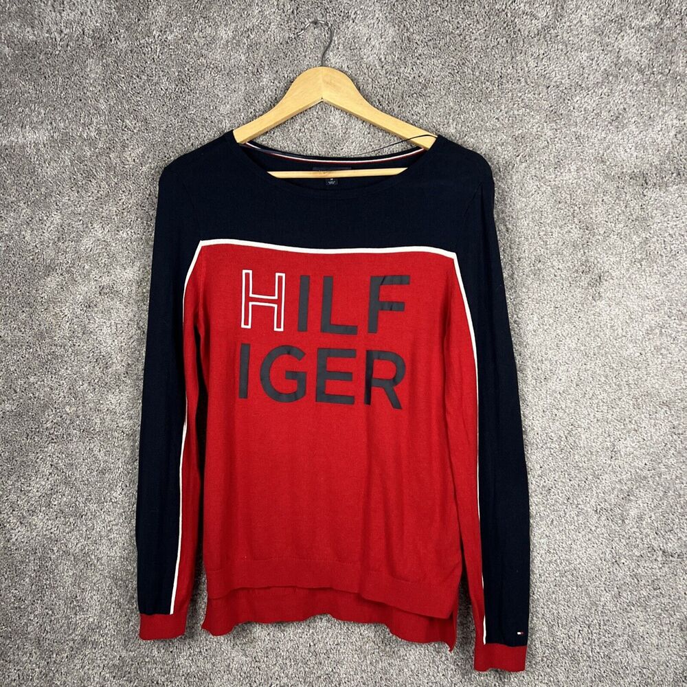 Tommy Hilfiger Sweater Womens Medium Red Color Block Long Sleeve Scoop Neck
